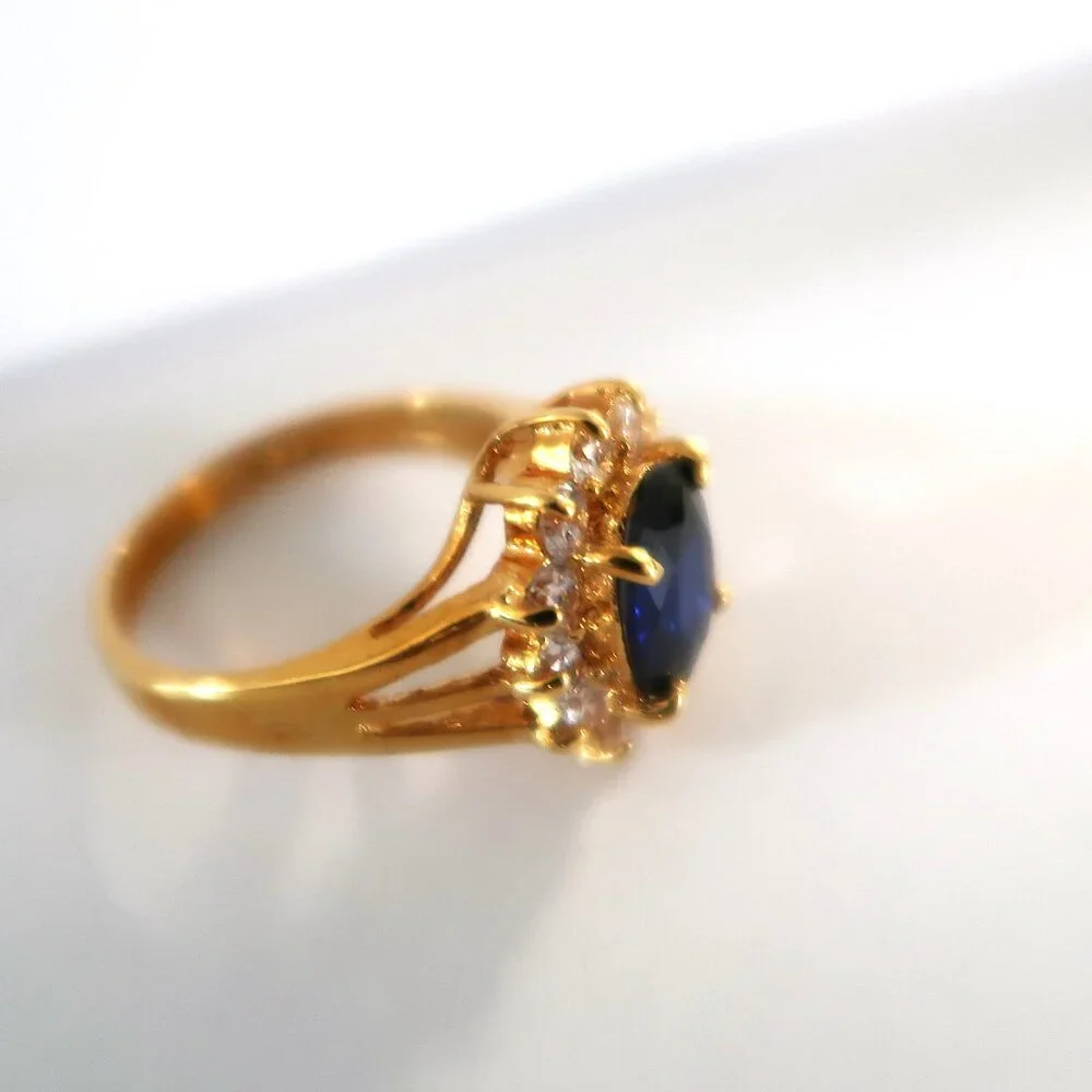 Mens 14K Gold Electroplate Ring Blue Center Stone White Accents Sz 8.75